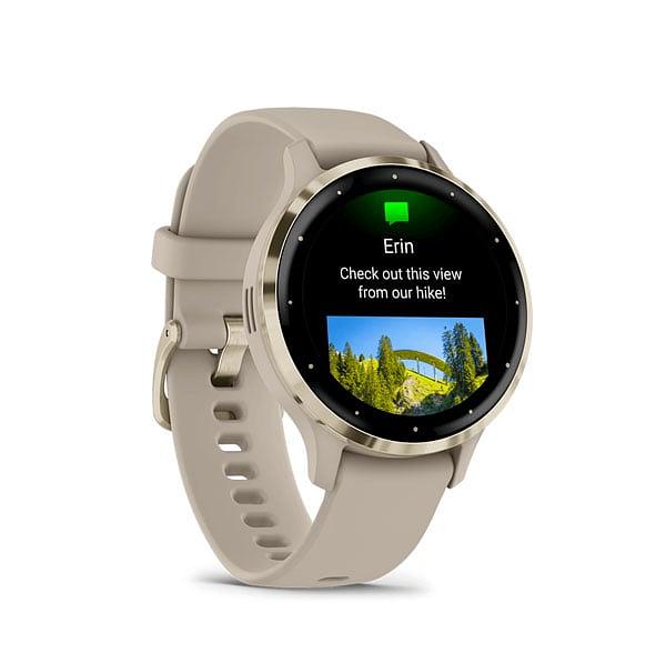 Garmin Venu 3S Soft Gold With French Gray Case and Leather Band